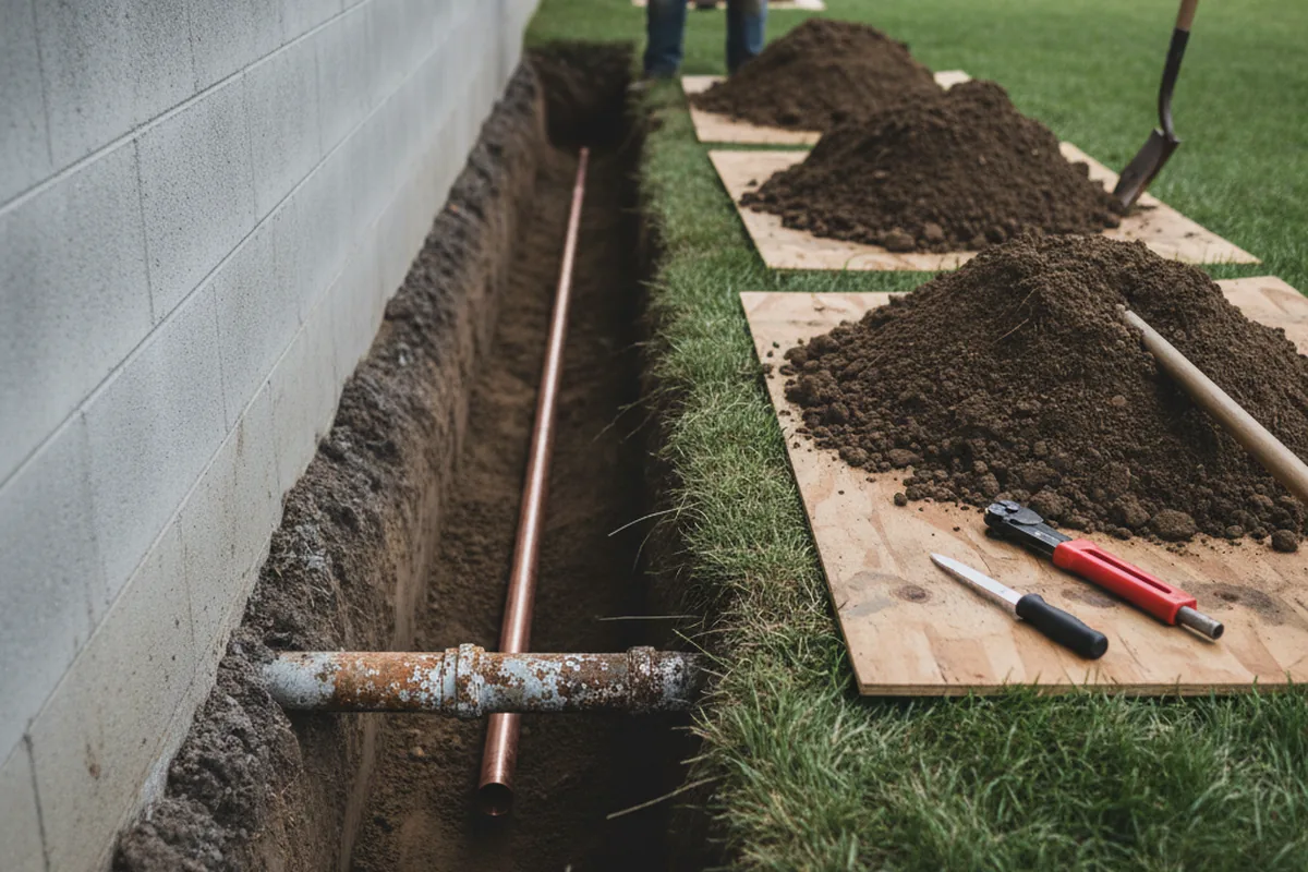 Excavated water line trench during Sewer Line Repair in Maryneal